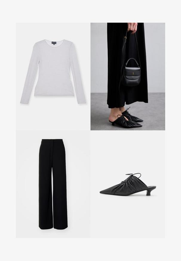 Haut à manches longues, gris clair, en tissu doux avec un col rond et une coupe ajustée. Texture lisse, sans motifs ni accents visibles.; Pantalons larges noirs à taille haute, en tissu lisse, avec fermeture à bouton à l'avant et sans poches visibles, offrant une coupe tailleur.; Mules noirs en cuir à enfiler avec un bout pointu, une texture froncée et un petit talon aiguille. Présente un détail à cordon au niveau de l'ouverture.; Petite sac à main en cuir noir de forme arrondie, avec une poignée supérieure et une bandoulière amovible. Porté avec une robe en tissu noir et des chaussures plissées noires.