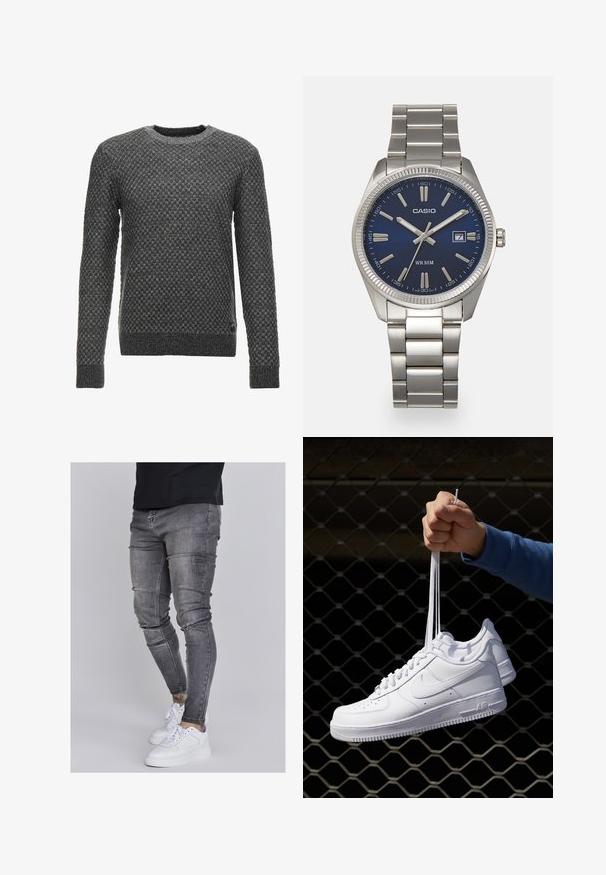 Grau strickter Pullover mit einem strukturierten Muster, Rundhalsausschnitt und langen Ärmeln. Mit einem gerippten Saum und Bündchen versehen.; Schlanke Jeans aus ausgebleichtem grauem Denim, mit abgenutzten Details an den Knien, kombiniert mit weißen Sneakers. Glatte Textur, schlanker Schnitt.; Weiße Leder-Sneaker mit Perforationen, runder Zehenpartie, flacher Sohle und dicken Schnürsenkeln, mit sichtbar eingesticktem Swoosh-Logo und "AIR" an der Ferse.; Silberner Armbanduhr aus Edelstahl mit einem dunkelblauen Zifferblatt, metallischen Stundenmarkierungen und einem Datumsfenster bei 3 Uhr. Wasserdicht bis 50 Meter.
