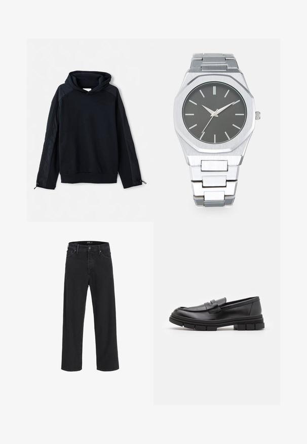 Pier One Sweatshirt - black; Jean en denim noir à jambe droite avec fermeture à bouton et à zip, passants de ceinture, et poches avant et arrière.; Mocassins en cuir noir avec une finition lisse, présentant un détail de sangle à l'avant et une semelle en caoutchouc épaisse avec des accents striés.; Montre analogique argentée avec un boîtier octogonal, un cadran gris, des index de heures argentés et un bracelet en acier inoxydable. Design minimaliste avec texture lisse.