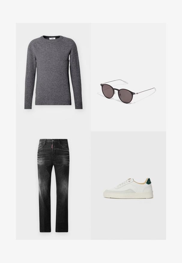 Hallhallane kootud sviiter, millel on ümmargune kaelus, pikad varrukad, ribakujulised mansetid ja äär, valmistatud pehmest, tekstuurilisest kangast. Pole nähtavaid mustreid ega aktsente.; Mustad denim püksid otse lõikega. Omavad kulunud piirkondi, väikseid kahjustusi, klassikalist viit taskut ning nööpkinnitust.; Valged tennisjalanõud, millel on sametised aktsendid, ümar varvas, lame nöörid ja kreemjas kummine põhja. Hästi nähtav roheline bränding kannal.; Mustad mustad prillid tumedate läätsedega ja õhukeste metallist käepidemetega. Kaarja kujuga seljaosa ja hõbedased aktsendid hingel. Minimalistlik disain.