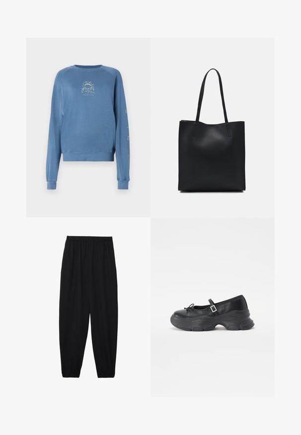Sudadera azul de cuello redondo hecha de tela suave. Presenta un diseño gráfico en la parte delantera con texto y motivos de sol en las mangas.; Pantalones negros, ligeros, con cintura elástica y tobillos fruncidos. La tela es suave y presenta un diseño relajado y ajustado.; Zapato Mary Jane de cuero negro con punta redondeada, detalle de lazo y correa ajustable en el tobillo. Presenta una suela de goma gruesa con acentos curvados.; Bolso tote de cuero negro con textura lisa, forma rectangular y dos asas largas. Sin herrajes ni adornos visibles.