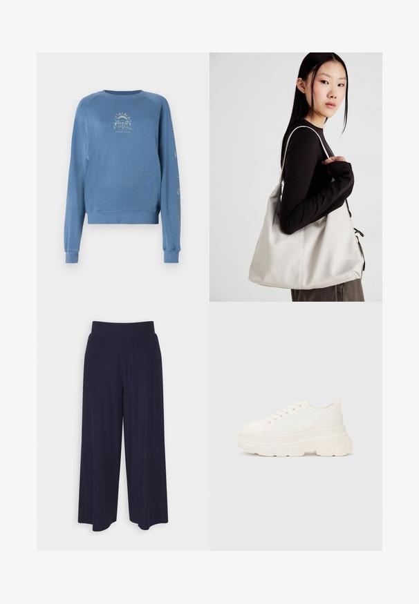 Modra crewneck pulover iz mehkega blaga. Ima grafični dizajn na sprednji strani s tekstom in motivi sonca na rokavih.; Široke hlače iz temno modrega blaga z rebrasto teksturo. Imajo gladek pas in tekoč silhueto, ki seže do sredine tele.; Bela platnena teniska z debelim podplatom, okroglo konico in petimi luknjicami za vezalke. Zadaj je dodana zanka za enostavno obuvanje. Gladka tekstura, minimalistična zasnova.; Bežna torbica iz mehkega materiala, z ohlapno zasnovo, šivi in dvema naramnicama. Primerna za vsakodnevno uporabo.