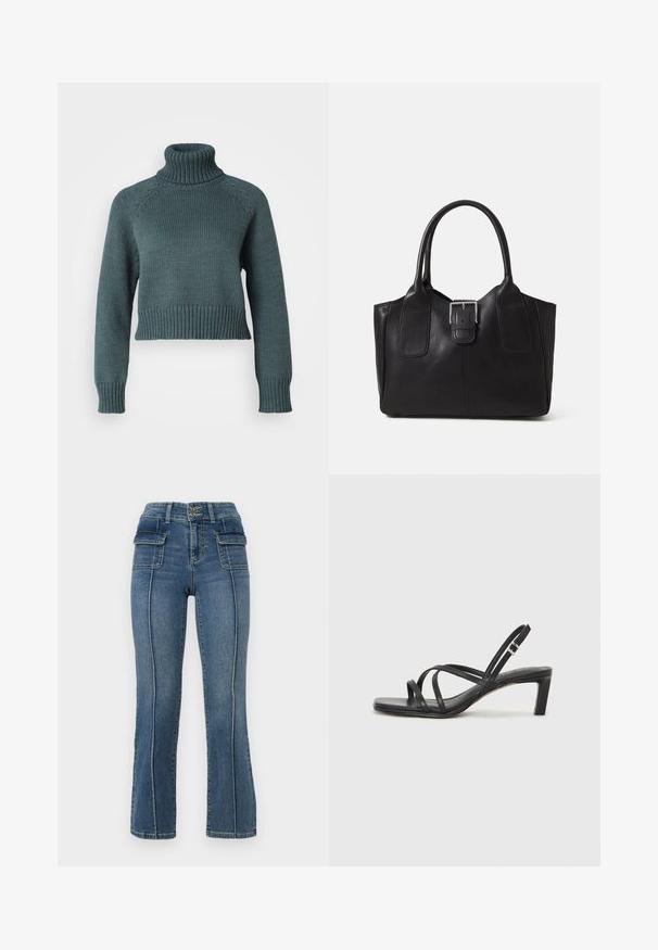 Vero Moda Petite VMMIRANDA - Džemperis - balsam green; ONLY Petite ONLWAUW MID WAIST FLARED - Platėjantys džinsai - medium blue denim; Juodi šlepetės su kvadratiniu pirštu ir žemu bloku kulnu. Yra keli ploni dirželiai ir reguliuojamas kulkšnies diržas. Pagaminti iš lygios odos.; Juodas odinis nešiojamas krepšys su lygiu paviršiumi, struktūrine forma, dviem rankenėlėmis ir ryškiu sidabriniu sagties akcentu priekyje.