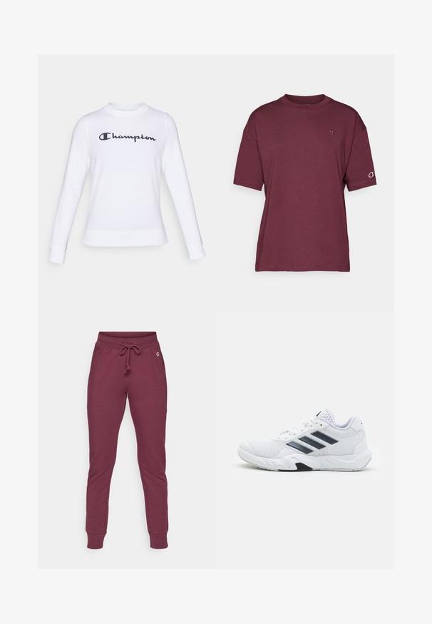 Felpa bianca in cotone con maniche lunghe, scollo a girocollo e il logo "Champion" nero sul petto. Presenta polsini e orlo a costine.; T-shirt corto bordeaux in morbido cotone, con scollo rotondo e dettaglio del logo sul lato sinistro del petto e sulla manica.; Pantaloni della tuta color bordeaux in morbido tessuto, con vita regolabile tramite corde, polsini a coste e una piccola accentuazione del logo sull'anca.; Scarpa sportiva bianca con tomaia in mesh, tre strisce nere sui lati, dettagli testurizzati e una suola in gomma robusta con una sezione nera a contrasto.