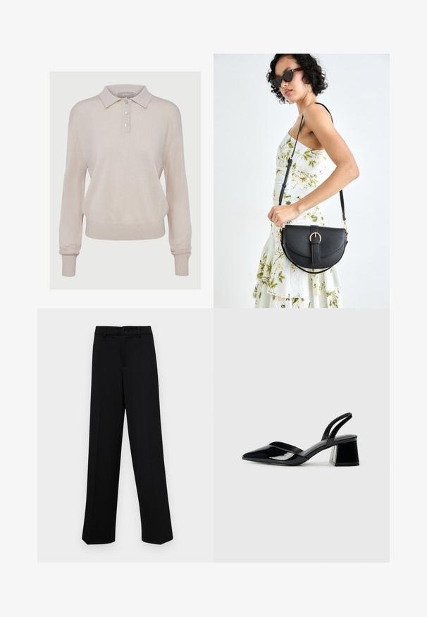 Suéter de polo de punto beige con mangas largas, tapeta de botones, puños y dobladillo acanalados, que presenta una textura suave y un corte relajado.; Pantalones de pierna ancha negros, hechos de un tejido suave, con una cintura clásica que incluye un cierre de botón y pliegues frontales.; Zapatos de tacón slingback de charol negro con punta afilada y tacón geométrico en bloque. Presentan un diseño elegante y minimalista, así como una textura suave.; Bolso de piel negra con forma curva, correa desmontable y herrajes dorados. El bolso cuenta con una solapa con un detalle de hebilla.