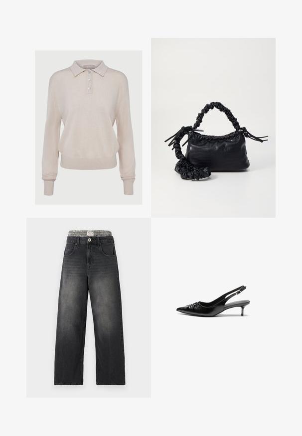 Beige kötött póló pulóver hosszú ujjakkal, gombos gallérral, bordázott mandzsettával és alsó résszel, puha tapintással és laza fazonnal.; Fekete farmer széles lábú farmernadrág, sakktáblás mintájú derékkal. Jellemzői közé tartozik a frontzsebek és a gombos záródás. Hangsúlyozottan megkopott textúra.; Fekete bőrből készült slingback magassarkú cipők hegyes orral, kis francia sarokkal és díszes csomóval az elején. Az egész felületen sima textúra.; Fekete műbőr kézi táska krokodil bőr textúrával, összehúzható tetejű és gyűrt pánttal. Lágy és kompakt dizájnúnak tűnik.