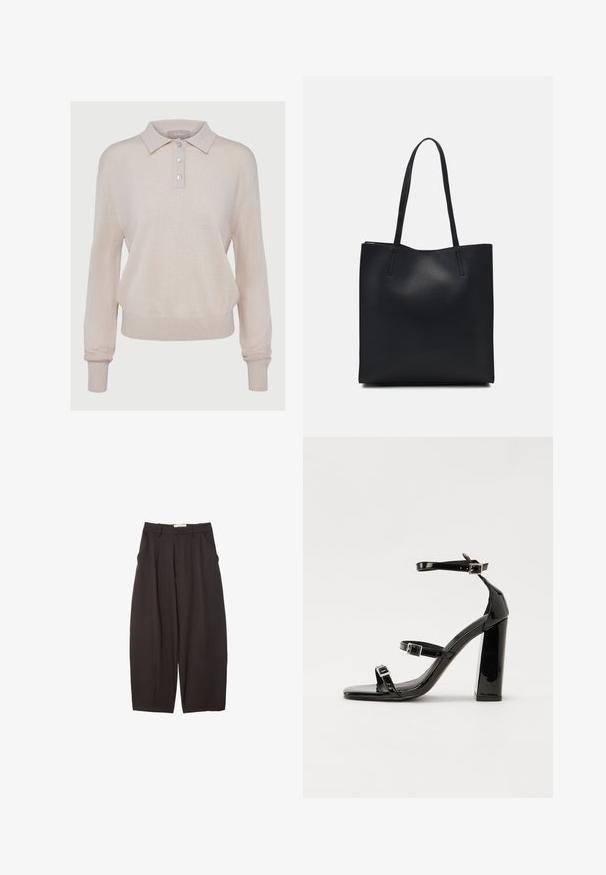 Beige gestrickter Poloshirt-Pullover mit langen Ärmeln, knöpfbarem Ausschnitt, gerippten Bündchen und Saum, mit einer weichen Textur und lässiger Passform.; Schwarze weit geschnittene Hosen aus einem glatten Stoff, mit hoher Taille, Frontfalten und Seitentaschen. Schlichtes Design ohne Verzierungen.; Schwarze patentierte Sandalen mit Absatz, quadratischer Spitze, Knöchelriemen und silbernen Schnallen. Mit einem stabilen Blockabsatz für mehr Stabilität.; Schwarze Laptoptasche aus Leder mit glatter Textur, rechteckiger Form und zwei langen Griffen. Keine sichtbaren Beschläge oder Verzierungen.