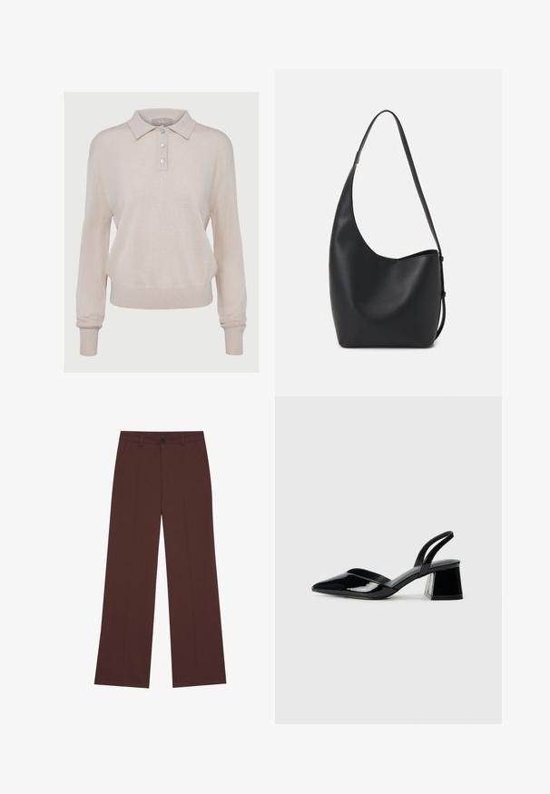 Beige gestrickter Poloshirt-Pullover mit langen Ärmeln, knöpfbarem Ausschnitt, gerippten Bündchen und Saum, mit einer weichen Textur und lässiger Passform.; Weite Hose aus einem hochwertigen braunen Stoff. Mit einem Knopfverschluss, zwei frontalen Taschen, glatter Textur und klaren Linien.; Schwarze Lackleder-Slingback-High Heels mit spitzem Schuh und einem geometrischen Blockabsatz. Verfügt über ein schlankes, minimalistisches Design und eine glatte Textur.; Schwarze Leder-Hobo-Tasche mit einer glatten Textur, geschwungener Form und einem einzelnen verstellbaren Tragegurt; verfügt über eine weite Öffnung am oberen Ende.