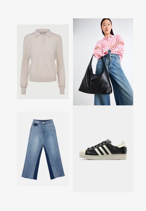 Beige neulepolo, jossa on pitkät hihat, napitettava kaulus, resorit hihoissa ja helmassa, pehmeä tekstuuri ja rento istuvuus.; Vaaleansiniset leveät farkut, joissa on tummansiniset kontrastipaneelit, repaleiset helmankohdat ja normaali vyötärö metallinappisuljennalla.; Musta nahkasneakeri, jossa on valkoiset raidat, kuminen varvassuoja, mustat nauhat ja kermaisa ulkopohja. Suora pinta ja kiiltävä viimeistely.; Mustassa nahka olkalaukussa on rento muoto ja sauman yksityiskohtia. Malli on pukeutunut vaaleanpunaisiin ja valkoisiin raidallisiin paitoihin sekä leveälahkeisiin sinisiin farkkuihin.