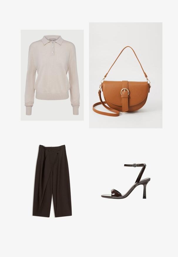 Beige knitted polo sweater with long sleeves, buttoned placket, ribbed cuffs and hem, featuring a soft texture and relaxed fit.; Dark brown wide-leg trousers with a high waist, featuring a single button closure and a pleated front. Made from lightweight fabric.; Brown patent leather high-heeled sandal with an ankle strap, open toe, and a sleek, minimalist design. Features a square heel.; Brown leather crossbody bag with a curved shape, gold hardware, and a buckle accent. Features a detachable shoulder strap.