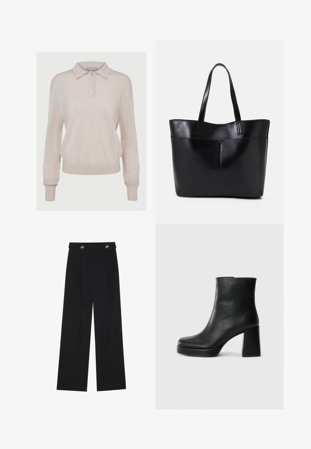 Beige knitted polo sweater with long sleeves, buttoned placket, ribbed cuffs and hem, featuring a soft texture and relaxed fit.; Black wide-leg trousers with high waist, button details on waistband, and front pleats.; Black leather ankle boot with a block heel and platform sole, viewed from the side on a plain white background.; Black leather tote bag with two long handles, a smooth texture, and a structured shape. Features a front pocket for additional storage.