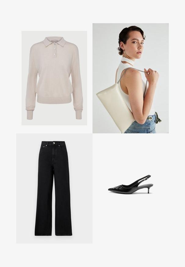 Beige kötött póló pulóver hosszú ujjakkal, gombos gallérral, bordázott mandzsettával és alsó résszel, puha tapintással és laza fazonnal.; Magas derekú fekete farmernadrág, széles lábú dizájnnal, öt zsebével és ezüst színű fém részletekkel. Általánosságban sima tapintású.; Fekete bőrből készült slingback magassarkú cipők hegyes orral, kis francia sarokkal és díszes csomóval az elején. Az egész felületen sima textúra.; Fehér, téglalap alakú, fényes anyagból készült clutch táska, ezüst láncos pánttal. A modell pózol, bemutatva a táskát egy egyszínű háttér előtt.