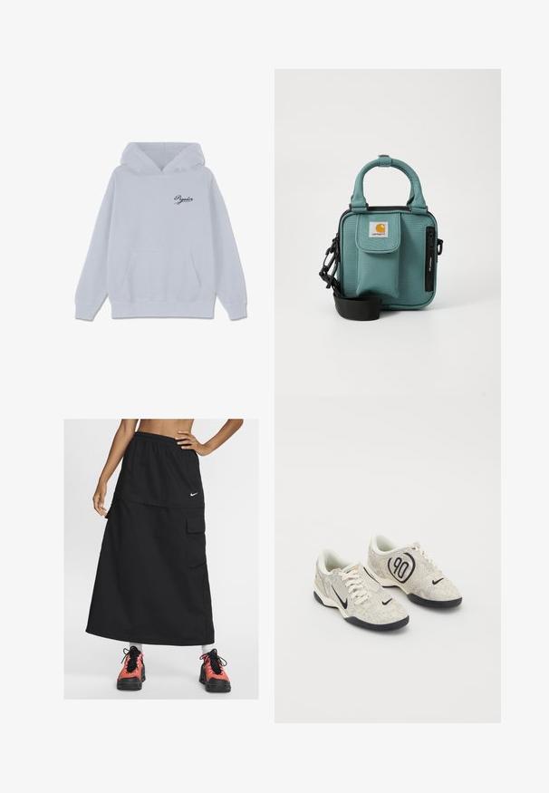 Light grey hoodie made of cotton blend, featuring a front kangaroo pocket, drawstring hood, and a small black cursive logo on the chest.; Black athletic maxi skirt with elastic waistband, featuring a front pocket and a Nike logo. Worn with colorful athletic shoes.; Nike sneakers with a beige and gray textured upper, black accents, a large "90" logo, and a white lace-up closure. Black sole.; Teal fabric crossbody bag with short handles, zippered pocket, front flap pocket, adjustable strap, and Carhartt logo on front.