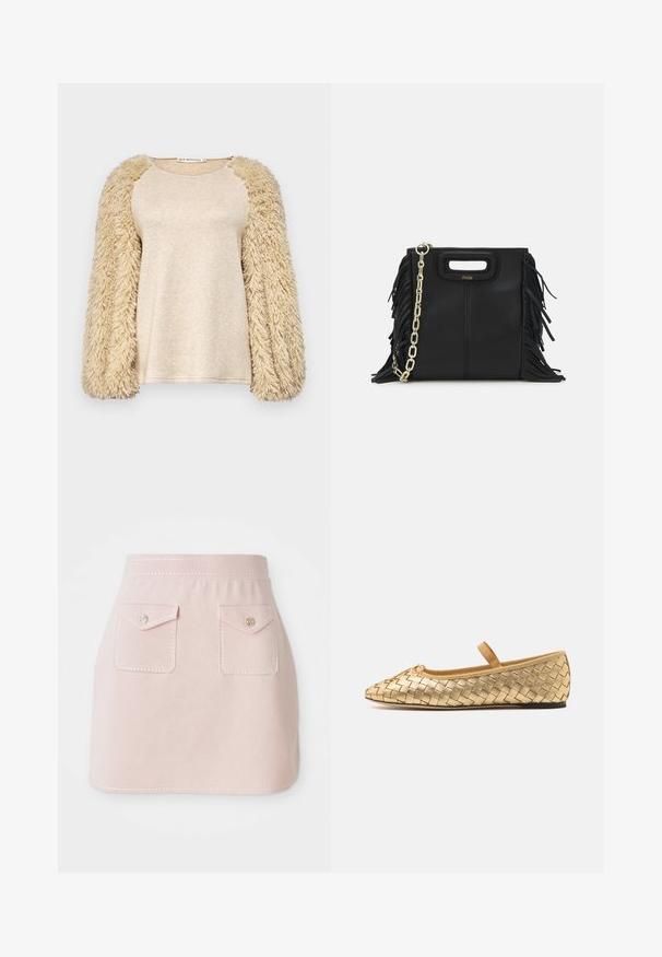 Beige topp med lange, fluffy ermer; glatt, skinnende kroppsmateriale; raglanermdesign; myk tekstur; avslappet passform; minimalistisk stil.; Rosa skjørt laget av stoff med en glatt tekstur. Har to frontlommer med klafflukking og dekorativ søm langs kanten.; Loeffler Randall LEONIE SOFT BALLET FLAT - Ballerina med reim - gold; Svart læderhåndtaske med frynsedetaljer, guldkæde skulderrem og udskåret håndtag. Har logo placeret på forsiden.