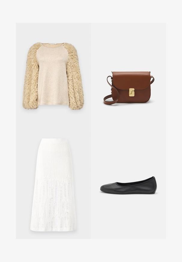 Beige Oberteil mit langen, flauschigen Ärmeln; glattes, schimmerndes Körpermaterial; Raglan-Ärmeldesign; weiche Textur; locker geschnitten; minimalistischer Stil.; Gestreifte weiße Midi-Rock aus Strick mit einem strukturierten Muster und Ausschnitten am Saum. Elastischer Bund. Weiches Material.; Schwarze Leder-Ballettschuhe mit abgerundeter Spitze, glatter Textur, minimalen Nähdetails und einem flexiblen Sohlen-Design.; Braune Ledertasche mit Klappenverschluss, Beschlägen in Goldfarbe, einem Schultergurt und einer glatten Oberfläche. Kompakte rechteckige Form.