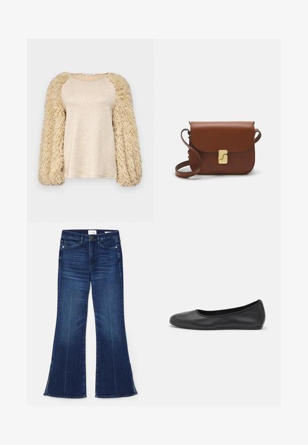 Beige top met lange, fluffy mouwen; glad, glanzend lichaamsmateriaal; raglan-mouwontwerp; zachte textuur; casual pasvorm; minimalistische stijl.; Donkerblauwe uitlopende jeans gemaakt van denim. Beschikt over een hoge taille, voorzakken en splitdetails aan de zoom. Klassiek vijfzakontwerp.; Zwarte leren ballerina met een ronde neus, gladde textuur, minimale stikdetails en een flexibele zoolontwerp.; Bruine leren handtas met een klep sluiting, gouden hardware, een schouderband en een gladde textuur. Compact rechthoekige vorm.