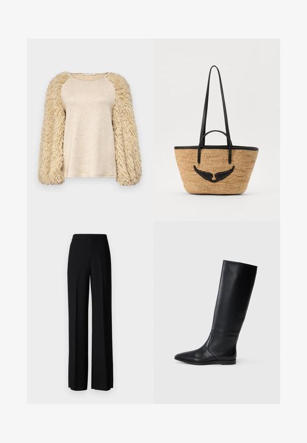 Bežinė palaidinė su ilgomis pūkuotomis rankovėmis; šiurkštus, blizgus audinys; raglan tipo rankovių dizainas; švelni tekstūra; laisvas siluetas; minimalistiškas stilius.; Juodi platūs kelnių kelnės su lygiu paviršiumi, turinčios aukštą liemenį ir centrinės raukšlės. Nėra matomų raštų ar metalinių detalių.; Juodas odinis iki kelių batas su smailiu pirštu ir minimalistišku dizainu. Atsparus paviršius ir plokščias padas, su diskretiškai siuvinėtomis detalėmis šonuose.; Šiaudinė rankinė su juodais odiniais apvadais ir rankenomis. Priekyje yra juodų odinių sparnų detalė. Atvira viršus, apvalios formos.