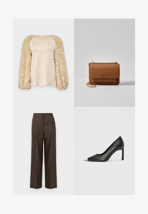 Beige Oberteil mit langen, flauschigen Ärmeln; glattes, schimmerndes Körpermaterial; Raglan-Ärmeldesign; weiche Textur; locker geschnitten; minimalistischer Stil.; Braune weite Hosen mit einer glatten Textur, featuring einen hohen Bund, vorne Falten und einem taillierten Design. Keine sichtbaren Taschen oder Verzierungen.; Schwarzer Lederschuh mit hohem Absatz, spitz zulaufender Zehenpartie und metallischer silberner Spitze. Verfügt über eine glatte Oberfläche und einen schlanken 10 cm hohen Absatz.; Braune strukturierte Ledertasche mit goldener Kettenriemen und Klappenverschluss. Die Vorderseite zeigt ein Logo-Detail und eine Tasche unter der Klappe.
