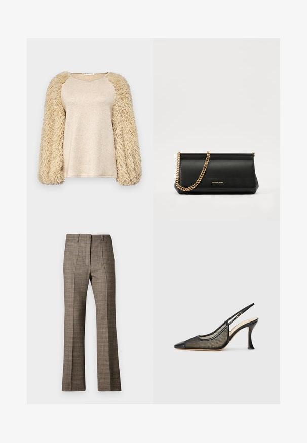 Beige top with long, fluffy sleeves; smooth, shimmery body material; raglan sleeve design; soft texture; casual fit; minimalistic style.; Brown plaid trousers with a straight leg cut, featuring a textured fabric and subtle colors of beige and darker browns throughout the pattern.; Black slingback high-heeled shoe featuring a pointed toe, mesh detailing, and a smooth leather cap. Colors include black and beige accents.; Black leather clutch bag with a gold chain strap, featuring a smooth texture, rectangular shape, and embossed branding on the front.