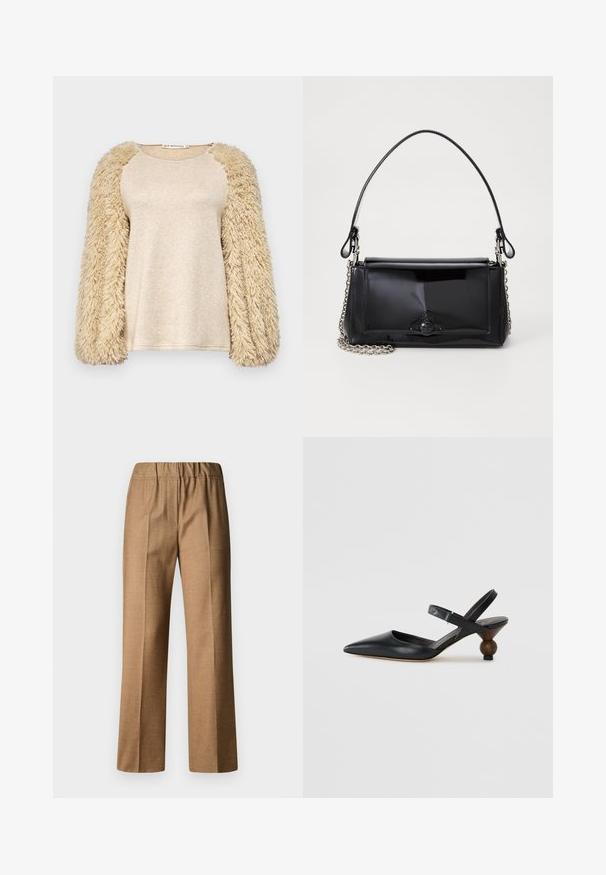 Bežs tops ar garām, pūkainām piedurknēm; gluda, spīdīga ķermeņa materiāls; raglāna piedurkņu dizains; maiga tekstūra; brīva piegrieze; minimālistisks stils.; Brūni, teksturēti bikses ar brīvu piegriezumu, ar platu kāju un elastīgu jostu. Šūti ar priekšējiem krokām.; Melnas ādas siksniņu kurpes ar smailu purngalu, izliektu dizainu un apaļu koka līdzīgu papēdi. Iekļauta šaura potītes siksna.; Melnas lakotas ādas rokassomi ar taisnstūra formu, ķēdes siksnu un izteiksmīgu metāla aksesuāru centrā. Gluda tekstūra.