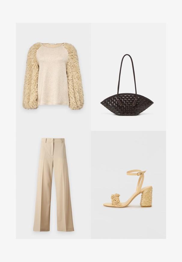 Beige Oberteil mit langen, flauschigen Ärmeln; glattes, schimmerndes Körpermaterial; Raglan-Ärmeldesign; weiche Textur; locker geschnitten; minimalistischer Stil.; Beige weite Hosen aus glattem Stoff, mit einem flachen Vorderteil mit Falten, einem Reißverschluss und Gürtelschlaufen. Insgesamt eine taillierte Passform.; Beige High-Heel-Sandale mit geflochtener Textur, dekorativer Blume und Knöchelriemen. Der quadratische Absatz sorgt für Stabilität.; THEMOIRè OLIMPIA - Handtasche - fondant
