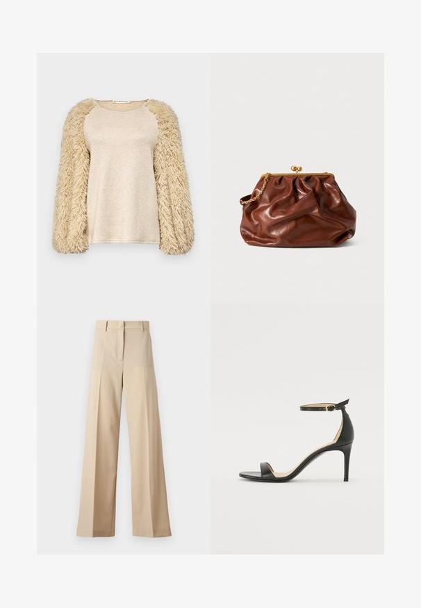 Bež bluzica s dugim, pahuljastim rukavima; glatki, sjajni materijal; dizajn rukava raglan; mekan na dodir; opušteni kroj; minimalistički stil.; Bež hlače širokih nogavica od glatkog materijala, s ravnim prednjim dijelom s plisejima, zatvaračem i petljama za remen. Ukupan kroj je prilagođen.; Crne kožne sandale na visokom potpeticu s remenom oko gležnja. Imaju glatku teksturu, otvoreni prst i tanku potpeticu. Detalj s kopčom u zlatnoj boji.; Smeđa kožna torbica s zlatnim okvirom i kratkom zlatnom lancem, koja se odlikuje mekanom, naboranom teksturom na bijeloj pozadini.