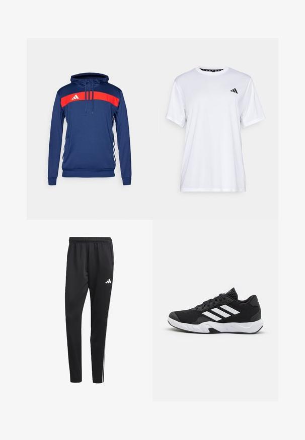 Granatowy, rozpinany sweatshirt z kapturem z czerwoną poziomą stripes z białym logo. Długie rękawy, dekolt ze sznurkiem i kontrastowe akcenty po bokach.; Biała koszulka sportowa z krótkim rękawem, wykonana z materiału odprowadzającego wilgoć. Posiada czarne logo na lewej piersi oraz wzorzystą podszewkę kołnierza.; Czarne spodenki sportowe z elastycznym pasem, białymi paskami po bokach i małym białym logo na udzie. Wykonane z gładkiego, lekkiego materiału.; Czarne buty sportowe z teksturowaną siateczką u góry, białymi paskami akcentującymi, amortyzującą podeszwą i wzmocnionym piętą dla wsparcia.