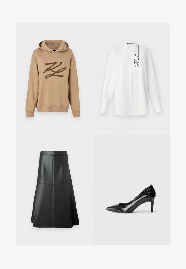 Smėlinė hoodie, pagaminta iš minkštos medžiagos, su dideliu ruduo logo priekyje ir kengūros kišene. Įtraukta su stringu kapišonu ir gipiūruotais rankogaliais.; Baltas ilgomis rankovėmis marškinėlis iš medvilnės, su priekyje esančia kišene ir juoda kairės pusės siuvinėta paraše. Klasikinis apykaklė ir užsegimas mygtukais.; Juodo odos A formos sijonas, lygi tekstūra, iki apklaustų ilgis, turi horizontalių siuvimo detalių juosmens ir siūlių vietose, kad suteiktų papildomą struktūrą.; Juodi smailėmis žeminti aukštakulniai bateliai su blizgiu paviršiumi ir subtiliu tekstūriniu raštu. Turintys vidutinio aukščio kulną ir atvirą gerklės dizainą.