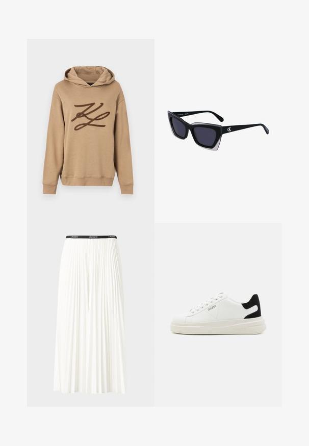 Beige Kapuzenpullover aus weichem Stoff, mit einem großen braunen Logo auf der Vorderseite und einer Kängurutasche. Mit verstellbarem Kordelzug an der Kapuze und gerippten Bündchen.; Faltenrock aus Weiß mit einem schwarzen elastischen Bund, der das "LACOSTE"-Logo trägt. Mittellanges Design mit weicher Textur.; Weiße Leder-Sneaker mit einer dicken weißen Sohle, schwarzem Wildlederakzent an der Ferse und geprägtem Logo an der Seite. Schnürdesign mit sechs Ösen.; Schwarze übergroße Sonnenbrille mit geometrischer Form, ausgestattet mit dunklen Gläsern und einem kontrastierenden grauen Detail im Rahmen. Logo am Bügel.