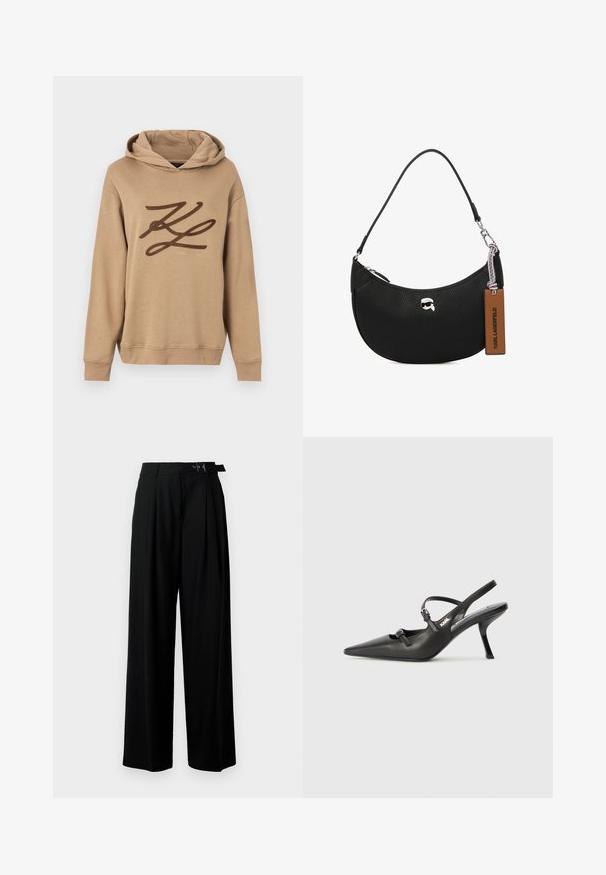 Felpa cappuccio color sabbia realizzata in morbido tessuto, con un grande logo marrone sul davanti e una tasca a marsupio. Include un cappuccio con cordino e polsini a costine.; Pantaloni neri a gamba larga con vita alta, pieghe nella parte anteriore e una cintura con fibbia. Realizzati in tessuto liscio e leggero.; Scarpe slingback nere in pelle con punta affilata, tacco sottile e dettaglio decorativo a fibbia sulla tomaia. Texture liscia e design elegante.; Borsa a tracolla nera in pelle con texture martellata, forma curva, chiusura superiore con zip, hardware color argento e un'etichetta marrone. Presenta un accento con logo.