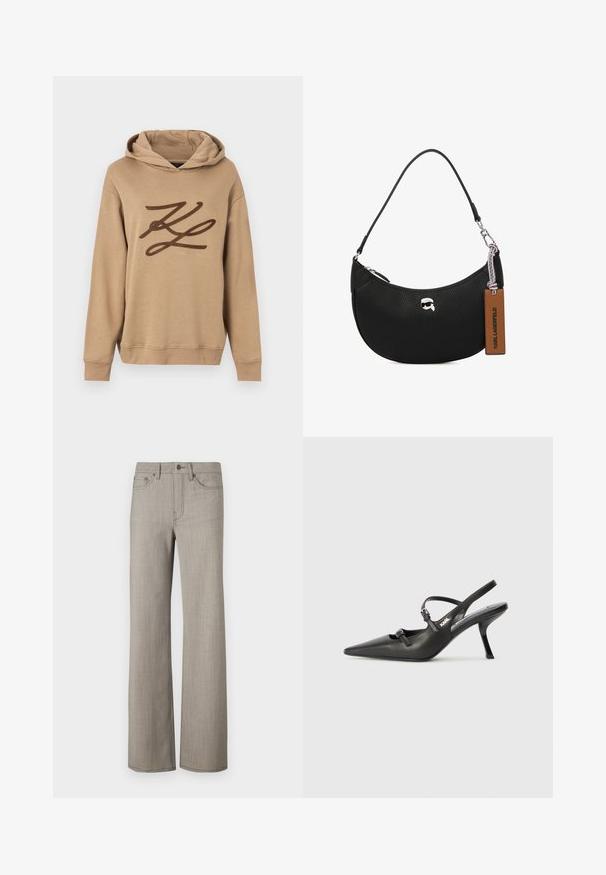 Tan hettegenser laget av myk stoff, med en stor brun logo på forsiden og en kengurulomme. Inkluderer en hette med snor og ribbede mansjetter.; Videbuks i en lys grå, teksturert stoff med en glatt finish. Har knappelukking og fem-lomme design.; Sorte skinn slingback-hæler med spiss tå, slank hæl og dekorativ spenne detalj på vampsiden. Glatt tekstur og stilrent design.; Svart skinnveske med pebble-tekstur, buet form, glidelås på toppen, sølvfarget hardware og en brun etikett. Inkluderer logo-akkenter.