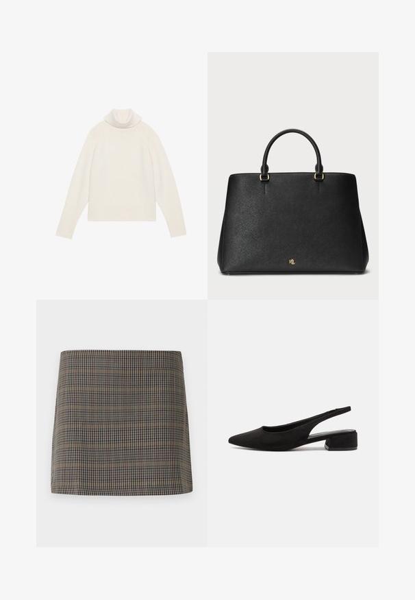 Pull à col roulé crème clair avec texture côtelée, manches raglan et ourlet ajusté. Matériau doux et silhouette décontractée.; Jupe mini à motif damier présentant des tons marron, beige et marine, avec une texture lisse et une coupe droite, conçue sans fermetures visibles.; Call it Spring BECKYY B.E.D FOAM - Escarpins - black; Sac à main en cuir noir au design structuré, texture lisse et deux anses supérieures. Comprend des accents dorés et un logo en bas.