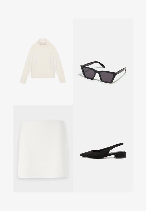 Light cream turtleneck sweater with ribbed texture, raglan sleeves, and a fitted hem. Soft material and relaxed silhouette.; White, fitted mini skirt with a smooth texture and clean lines. No visible patterns or hardware. Straight hem at the bottom.; Call it Spring BECKYY B.E.D FOAM - Classic heels - black; Black, angular sunglasses with gray lenses; made of plastic, featuring thick arms with a smooth surface and no visible hardware.; Black leather handbag with structured design, smooth texture, and two top handles. Features gold accents and a logo at the bottom.
