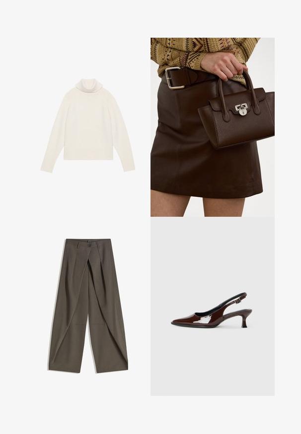 Maglione a collo alto in crema chiaro con una texture a coste, maniche raglan e orlo aderente. Materiale morbido e silhouette rilassata.; Pantaloni a gamba larga realizzati in un tessuto testurizzato grigio scuro. Presentano una piega frontale, chiusura con bottone e tasche laterali per praticità.; Scarpa slingback in pelle verniciata marrone con punta affusolata e tacco moderato. Presenta una fascia con fibbia per una calzata sicura. Tessuto liscio.; Borsa a mano in pelle marrone con finitura testurizzata e accessori in argento, tenuta con una mano accanto a una gonna in pelle marrone e un maglione a fantasia.