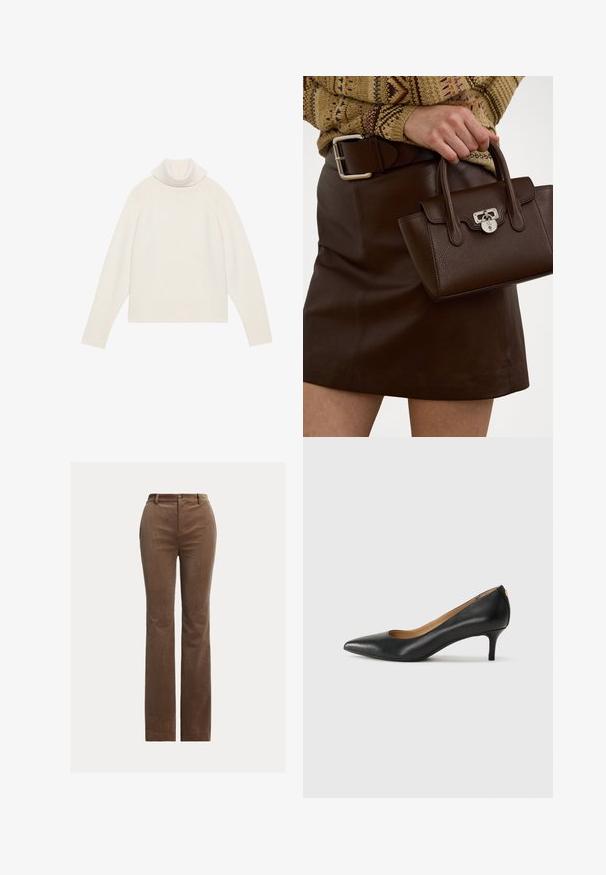 Maglione a collo alto in crema chiaro con una texture a coste, maniche raglan e orlo aderente. Materiale morbido e silhouette rilassata.; Pantaloni in corduroy marrone con design a gamba dritta, dotati di passanti per cintura, tasche anteriori e una delicata rigatura verticale per texture.; Décolleté in pelle nera con punta affilata, tacco basso e texture liscia. Presenta un leggero apertura sulla parte anteriore e hardware minimale sul retro.; Borsa a mano in pelle marrone con finitura testurizzata e accessori in argento, tenuta con una mano accanto a una gonna in pelle marrone e un maglione a fantasia.