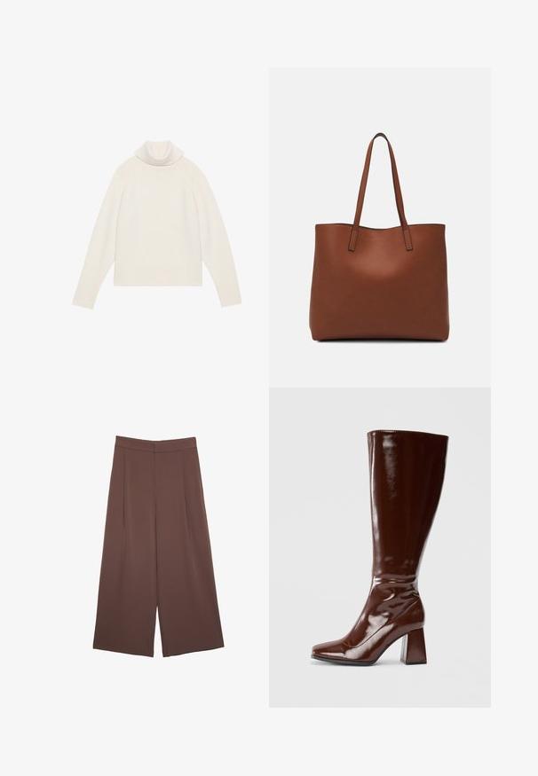 Maglione a collo alto in crema chiaro con una texture a coste, maniche raglan e orlo aderente. Materiale morbido e silhouette rilassata.; Pantaloni ampi marroni con una texture liscia, caratterizzati da una vita alta e pieghe frontali. Il tessuto è leggero e scorre liberamente.; Stivali marroni in pelle verniciata alti fino al ginocchio, con punta quadrata, finitura lucida e taccochunky per stabilità. Design senza soluzione di continuità senza hardware visibile.; Borsa tote in pelle marrone con texture liscia, design con apertura superiore e due spallacci. Presenta cuciture minime e nessun hardware visibile.