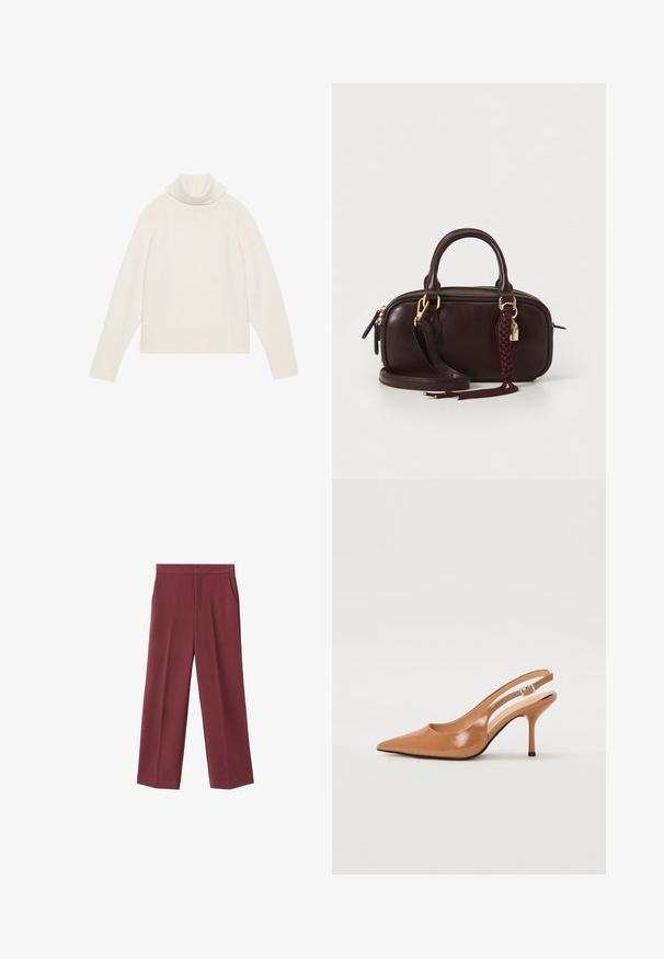Jasny kremowy sweter z golfem o prążkowanej teksturze, z rękawami raglanowymi i dopasowanym dołem. Miękki materiał i luźna sylwetka.; Bordowe spodnie typu wide-leg o gładkiej teksturze, z bocznymi kieszeniami i wysokim stanem. Skrojone z wyraźnym zagięciem z przodu.; Sandały na obcasie z kwadratowym noskiem, wykonane z gładkiego, błyszczącego materiału w kolorze brązowym. Charakteryzują się zaokrąglonym wycięciem i smukłym obcasem typu stiletto. Detal w postaci srebrnej klamry.; Ciemnobrązowa skórzana torebka na ramię z plecionym frędzlem, złotymi akcentami, podwójnymi uchwytami i odczepianym paskiem na ramię na białym tle.