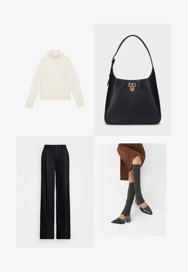 Világos krémszínű, bordás textúrájú garbó, raglán ujjakkal és testhez simuló szegéllyel. Puha anyag és laza szabás.; Fekete, bő szárú nadrág sima felülettel, lapos elejével, övhurkokkal és egyetlen gombos záródással a deréknál.; Fekete lakk bőrből készült, hegyes orrú cipők, tömbsarkúakkal és bokapánttal, szürke bordás lábszármelegítőkkel és barna velúr szoknyával párosítva.; Fekete bőr válltáska ívelt dizájnnal, arany záródással és kerek pánttal. Simább felület minimális díszítéssel.