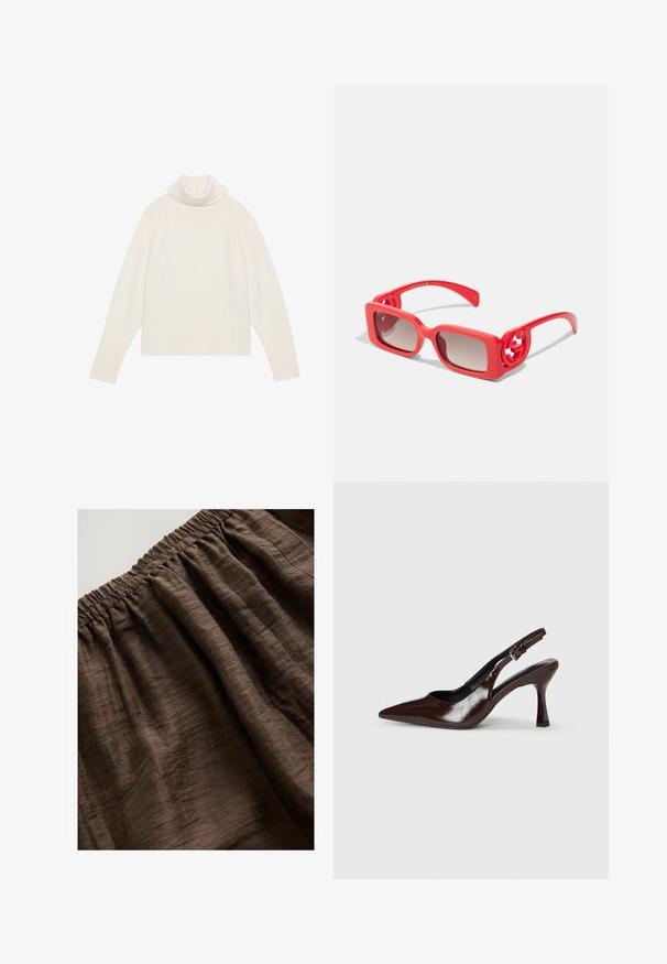 Lichte crèmekleurige coltrui met ribbelstructuur, raglanmouwen en een aansluitende zoom. Zacht materiaal en een ontspannen silhouet.; Bruine elastische tailleband van textuurstof, met zachte, gerimpelde plooien en een rijke, aardse tint. Geschikt voor casual draagstijl.; Bruine gepatineerde leren slingback pumps met een spitse neus, een dunne hak en een verstelbaar bandje met een kleine gesp.; Rode plastic zonnebril met vierkante monturen, verlooplenzen en ronde logo-accenten op de slapen. Glad oppervlak met een glanzende afwerking.; Donkerbruine leren handtas met een gevlochten kwast, gouden hardware, dubbele handvatten en een afneembare schouderriem op een witte achtergrond.
