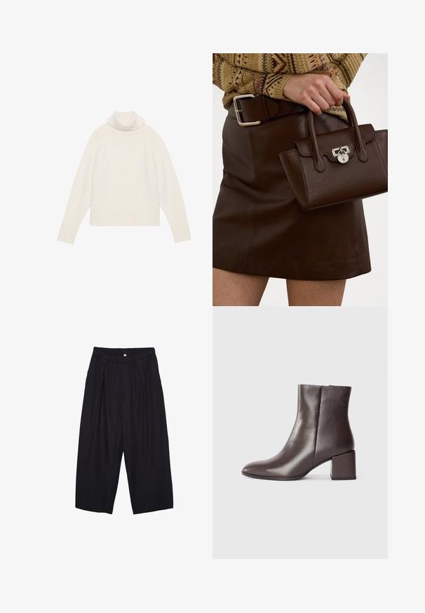 Svetle krémový rolák s ribkovanou strukturou, raglánovými rukávy a přiléhavým lemem. Měkký materiál a uvolněný silueta.; Černé polyesterové culotte kalhoty s elastickým pasem, dvěma předními sklady a volným siluetou. Žádné viditelné vzory ani kovové detaily.; Hnědé kožené kotníkové boty s elegantním designem, špičatou špičkou a čtvercovým blokovým podpatkem. Hladká textura a minimalistická silueta.; Hnědá kožená kabelka s texturovaným povrchem a stříbrným hardwarem, drží ji ruka vedle hnědé kožené sukně a vzorovaného svetru.