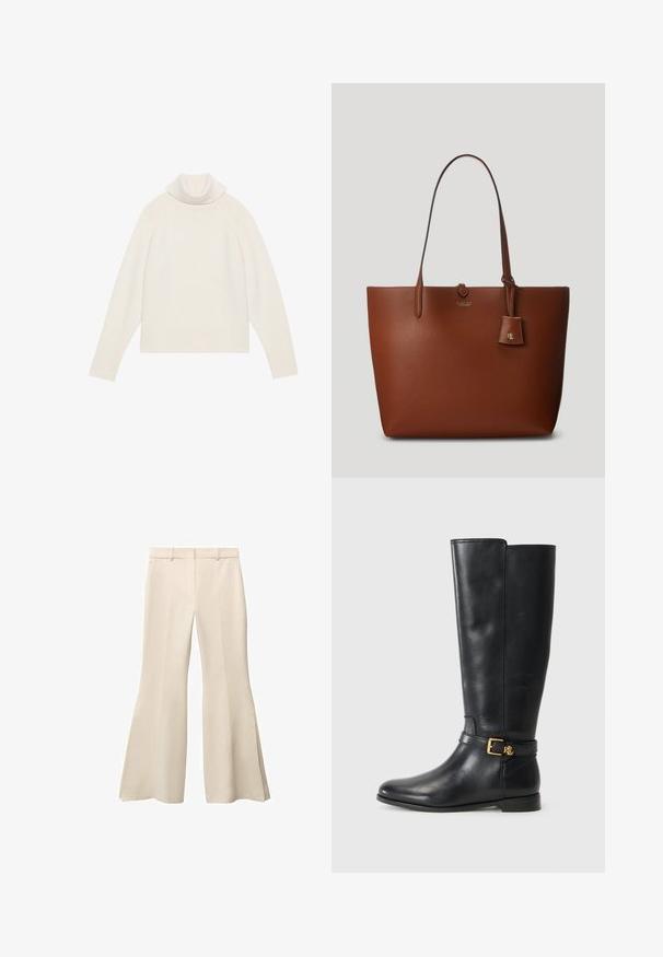 Light cream turtleneck sweater with ribbed texture, raglan sleeves, and a fitted hem. Soft material and relaxed silhouette.; Beige flared trousers with a smooth texture, featuring a flat front, belt loops, and deep side slits at the hem.; Black leather knee-high boot featuring a gold buckle detail. The design is sleek and elegant, set against a white background.; Brown pebbled leather tote bag with two handles, a small attached tag, and a subtle logo on the front. Smooth texture with structured shape.