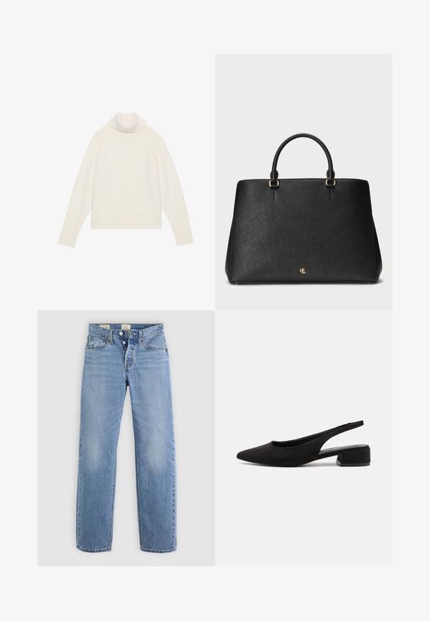 Pull à col roulé crème clair avec texture côtelée, manches raglan et ourlet ajusté. Matériau doux et silhouette décontractée.; Jeans en denim bleu clair avec une coupe droite, fermeture à bouton métallique, poches avant et détails de décoloration subtils sur l'ensemble.; Call it Spring BECKYY B.E.D FOAM - Escarpins - black; Sac à main en cuir noir au design structuré, texture lisse et deux anses supérieures. Comprend des accents dorés et un logo en bas.