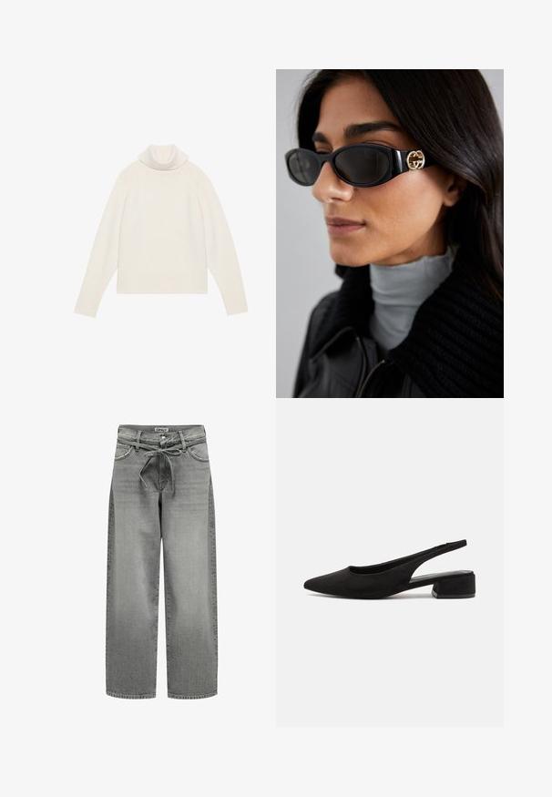 Suéter de cuello alto de color crema claro con textura acanalada, mangas raglán y dobladillo ajustado. Material suave y silueta relajada.; Vaqueros de mezclilla gris de pierna ancha con una cintura ajustable con cordón y bolsillos delanteros. La tela presenta una ligera textura y un acabado desgastado.; Call it Spring BECKYY B.E.D FOAM - Tacones - black; Gafas de sol negras con un elegante marco rectangular y un acento de logotipo dorado en el lateral. Las lentes oscuras y el acabado brillante son prominentes.; Bolso de piel negra con un diseño estructurado, textura suave y dos asas superiores. Presenta detalles en dorado y un logo en la parte inferior.
