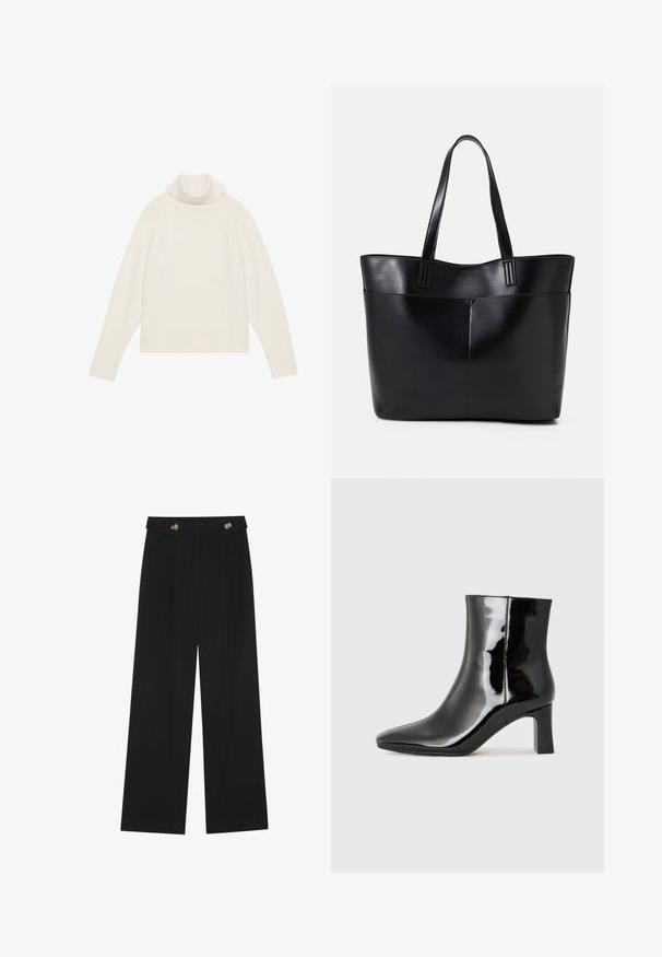 Light cream turtleneck sweater with ribbed texture, raglan sleeves, and a fitted hem. Soft material and relaxed silhouette.; Black wide-leg trousers with high waist, button details on waistband, and front pleats.; Black patent leather ankle boot with a pointed toe and a mid-height block heel. Smooth texture and minimalist design.; Black leather tote bag with two long handles, a smooth texture, and a structured shape. Features a front pocket for additional storage.