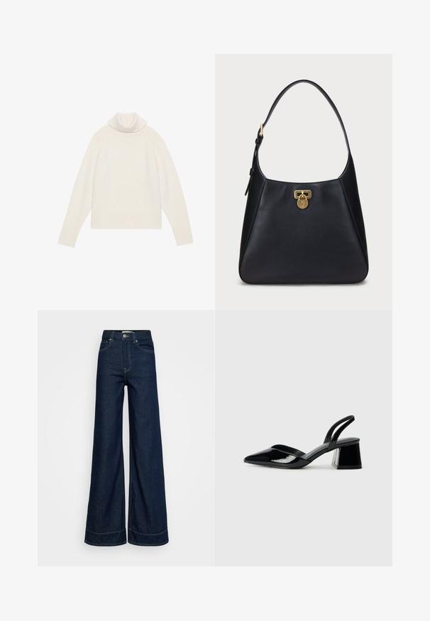 Pulover bej cu guler înalt, dintr-un material cu textură în relief, mâneci raglan și tiv ajustat. Material moale și siluetă relaxată.; Jeans cu talie înaltă, albastre închise, cu picioare largi, cu buzunare frontală, bați pentru curea, închidere cu nasture și cusături vizibile, pe un fundal alb.; Pantofi cu toc slingback din piele lacuită neagră, cu vârf ascuțit și toc geometric. Prezintă un design elegant, minimalist și o textură netedă.; Geantă de umăr din piele neagră, cu un design curvature, având un închizător din aur și o curea rotundă. Textură netedă, cu accente minime.