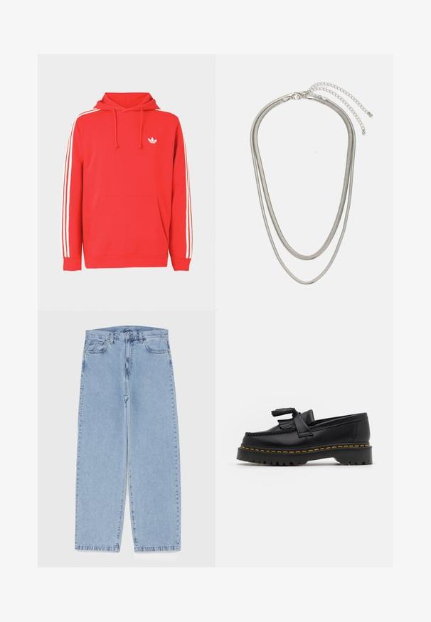 Sarkana kapuce jaka no mīksta auduma ar priekšējo kabatu, regulējamu kapuces auklu un baltām trīs svītru akcentiem uz piedurknēm.; Gai zila džinsu bikses ar taisnu kāju dizainu, kas piedāvā vidēju vidukļa augstumu, piecas kabatas un pogas un rāvējslēdzēja aizdari.; Melnas ādas mokasīni ar pērlītēm uzsvaru, ar masīvu melnu zoli un dzeltenu šuvumu gar malu. Ar teksturētu apdari.; Trīslīmeņu sudraba metāla kaklarota ar gludām, elastīgām ķēdēm, kas spīd, droši piestiprināta ar omā uzgali un regulējamu ķēdi.