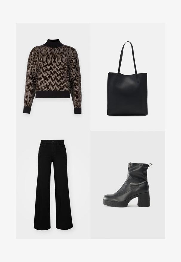 Vero Moda VMARIA ART BATWING HIGHNECK  - Camisola - black; Calças largas pretas em denim, com uma cintura estruturada, passantes para cinto e bolsos frontais. Textura suave com um design clássico.; Botas de tornozelo pretas feitas de couro liso, com fecho lateral, salto grosso texturizado e design de bico arredondado.; Bolsa tote preta em couro com textura lisa, forma retangular e duas alças longas. Sem hardware ou enfeites visíveis.