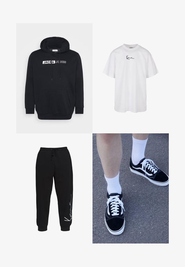 Mustast puuvillasegust kapuutsiga pusa, millel on suur eesmine tasku, reguleeritav kapuuts ja valge bränditekst rinnal.; Valge puuvillane T-särk, millel on ümar kaelus ja lühikesed varrukad, ning keskel rinna kohal must tikitud logo.; Mustavad puuvillased dressipüksid, millel on elastne vöökoht koos paelaga, kitsenevad sääred ja valge logo disain vasakul küljel.; Mustad nahkkingad valgete aktsentide ja paeladega, kombineeritud valgete soonikreisidega sokkidega, asetatud tekstureeritud hallile pinnale.