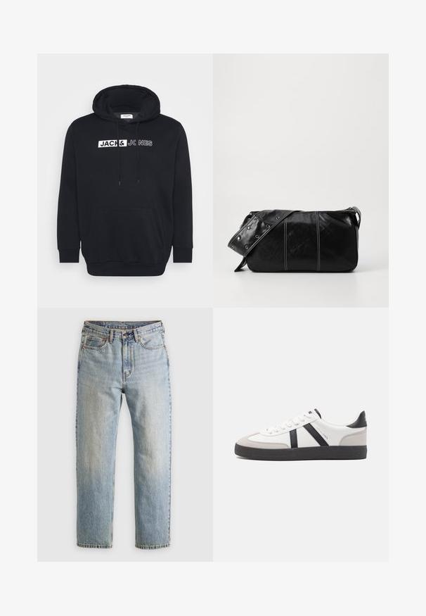 Black hoodie made of cotton blend material, featuring a large front pocket, drawstring hood, and white branded text on chest.; Light blue denim jeans with high waist, front button, zipper, and five-pocket design, laid flat on a neutral background.; White sneaker with black and gray accents, featuring a textured gray toe cap, black rubber sole, and flat white laces. Clean design, minimalist style.; Black leather shoulder bag with a zip closure, featuring a textured body, white stitching, and a strap with silver grommets.