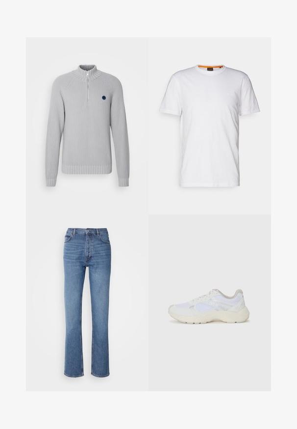 Hellgrauer Pullover mit hohem Rippkragen, halber Reißverschluss vorne, gerippten Bündchen und Saum sowie einem kleinen blauen Logo auf der Brust.; Weißes Baumwoll-T-Shirt mit Rundhalsausschnitt, kurzen Ärmeln und einem dezenten geprägten Logo auf der Brust. Das Innenschild hat einen orangefarbenen Akzent.; Blaue Denim-Jeans mit hoher Taille, geradem Bein und dezenter Ausbleichung. Verfügt über einen klassischen Fünf-Taschen-Stil und einen Reißverschluss.; Weiße Sportschuhe aus Mesh und Wildleder, mit einer strukturierten Zwischensohle, strukturierten Akzenten und dem "HUGO"-Logo an der Seite.